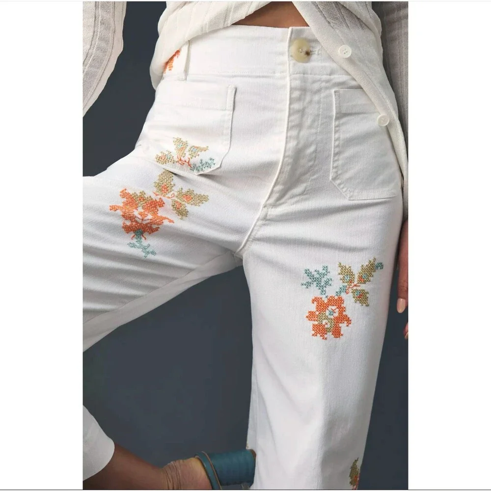 Maeve Anthropologie Colette Jeans 30 White Floral Embroidered Crop Wide Leg Boho